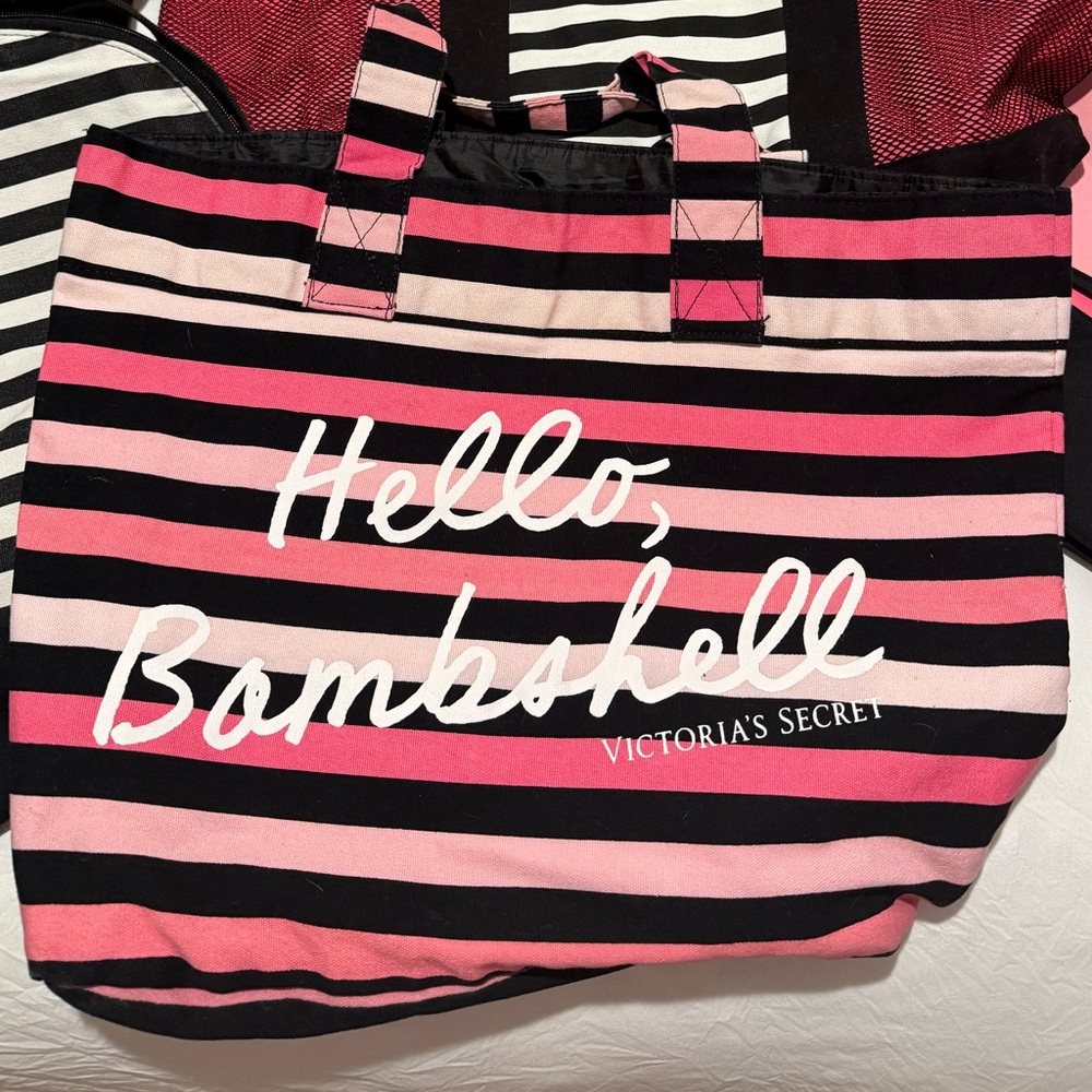 Victoria's Secret Pink, Light Pink & Black Striped Tote with Script